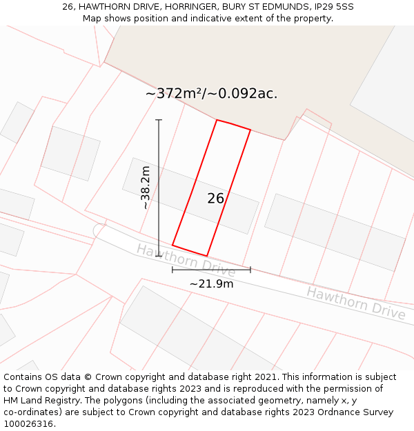 26, HAWTHORN DRIVE, HORRINGER, BURY ST EDMUNDS, IP29 5SS: Plot and title map