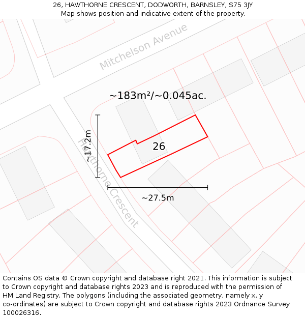 26, HAWTHORNE CRESCENT, DODWORTH, BARNSLEY, S75 3JY: Plot and title map