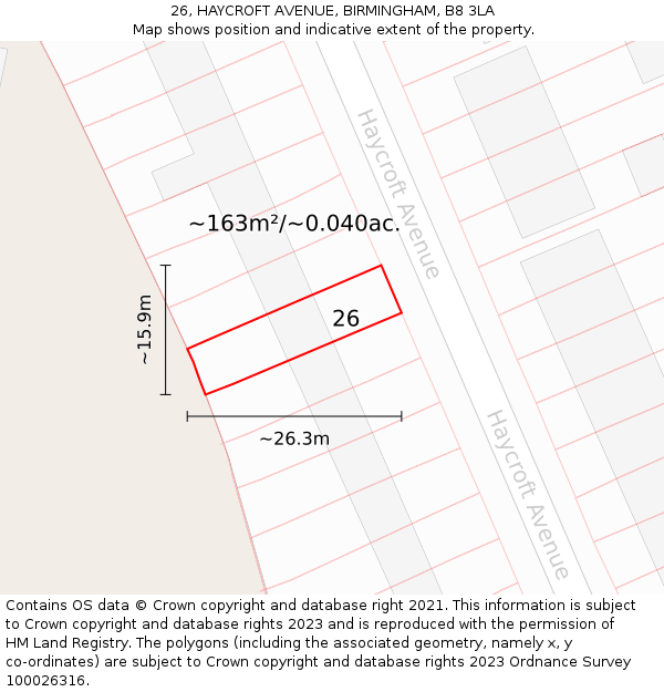 26, HAYCROFT AVENUE, BIRMINGHAM, B8 3LA: Plot and title map