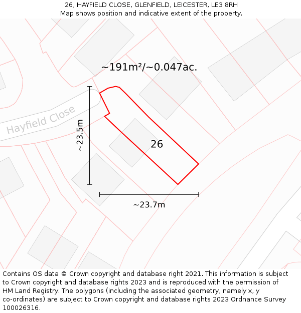 26, HAYFIELD CLOSE, GLENFIELD, LEICESTER, LE3 8RH: Plot and title map