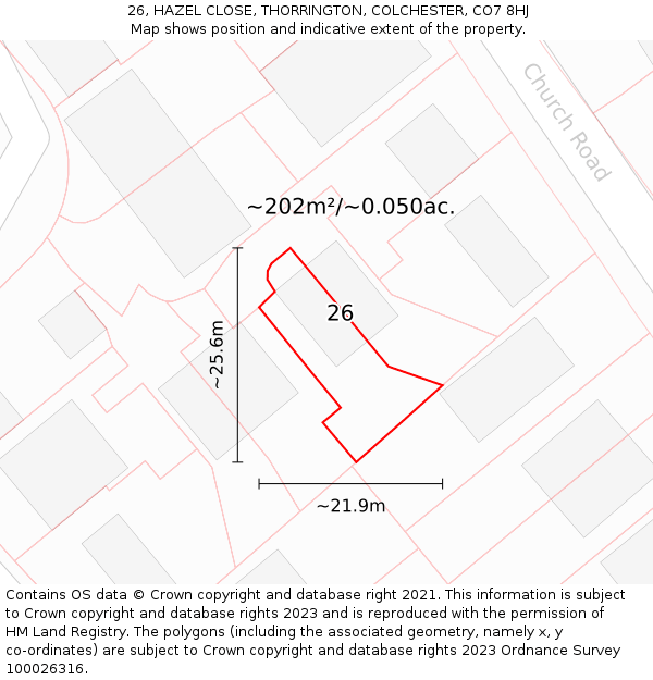 26, HAZEL CLOSE, THORRINGTON, COLCHESTER, CO7 8HJ: Plot and title map