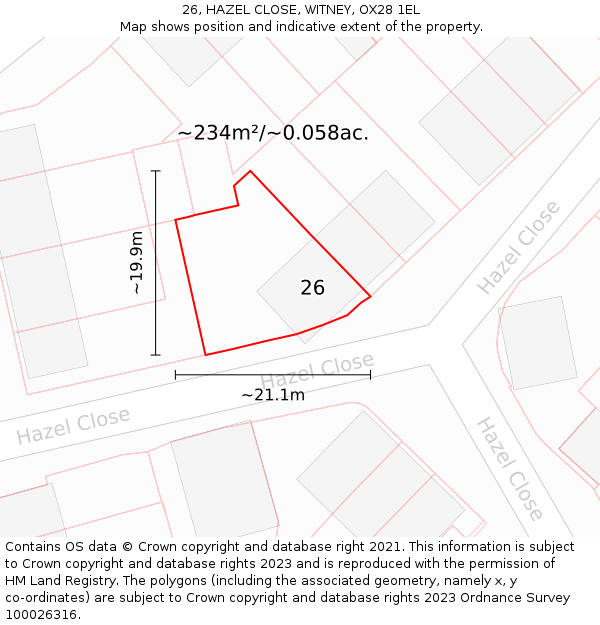 26, HAZEL CLOSE, WITNEY, OX28 1EL: Plot and title map