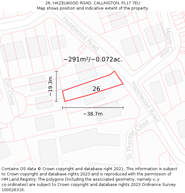 26, HAZELWOOD ROAD, CALLINGTON, PL17 7EU: Plot and title map