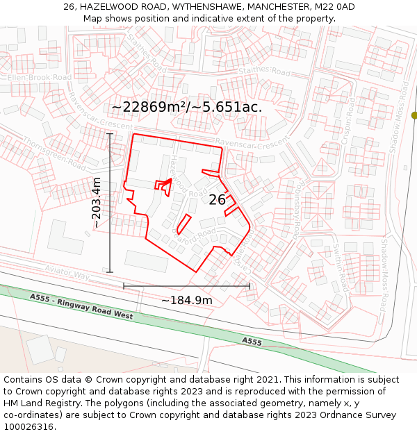 26, HAZELWOOD ROAD, WYTHENSHAWE, MANCHESTER, M22 0AD: Plot and title map