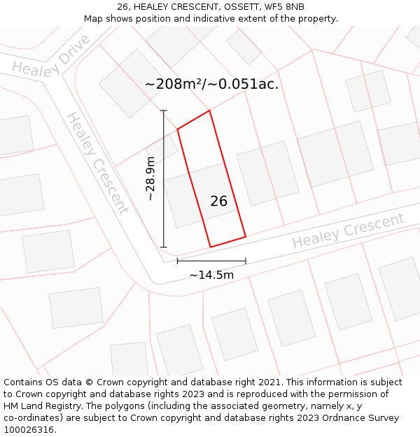 26, HEALEY CRESCENT, OSSETT, WF5 8NB: Plot and title map