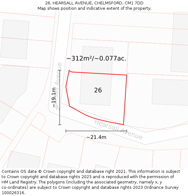 26, HEARSALL AVENUE, CHELMSFORD, CM1 7DD: Plot and title map