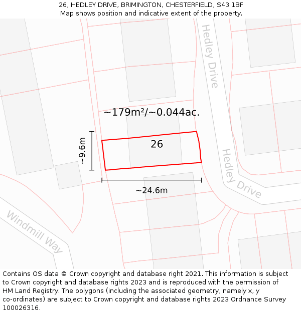 26, HEDLEY DRIVE, BRIMINGTON, CHESTERFIELD, S43 1BF: Plot and title map