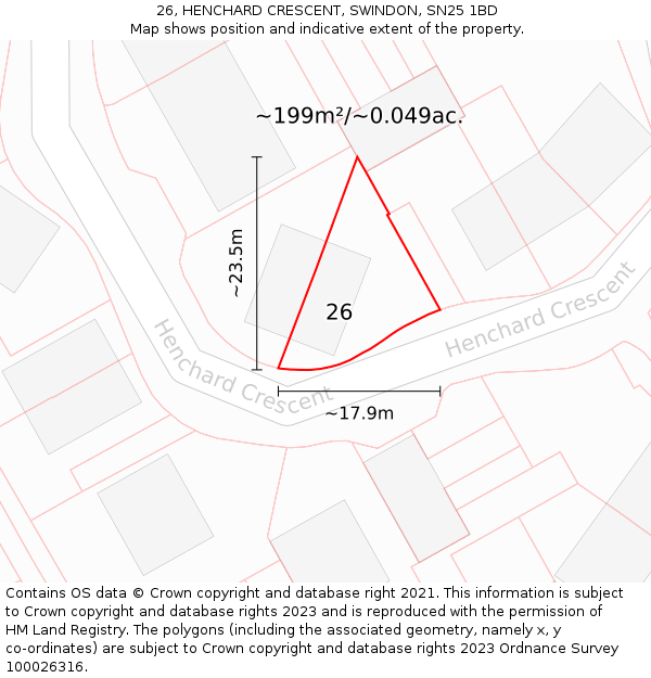 26, HENCHARD CRESCENT, SWINDON, SN25 1BD: Plot and title map