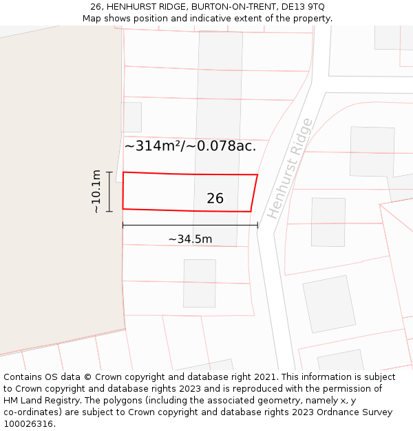 26, HENHURST RIDGE, BURTON-ON-TRENT, DE13 9TQ: Plot and title map