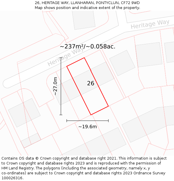26, HERITAGE WAY, LLANHARAN, PONTYCLUN, CF72 9WD: Plot and title map