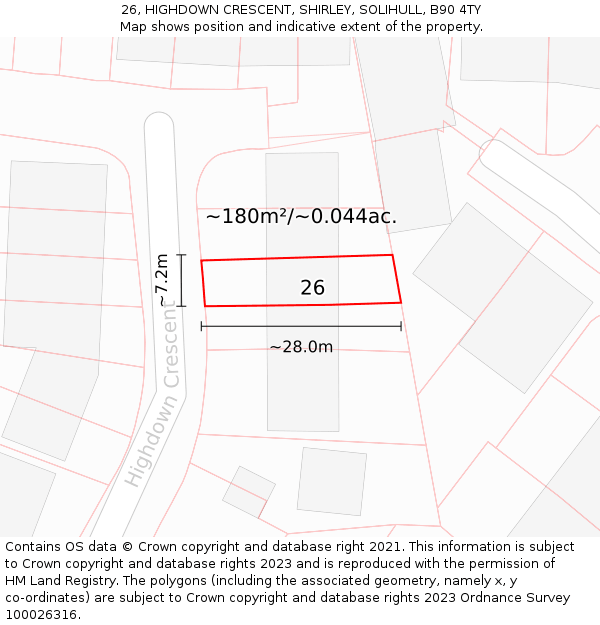 26, HIGHDOWN CRESCENT, SHIRLEY, SOLIHULL, B90 4TY: Plot and title map
