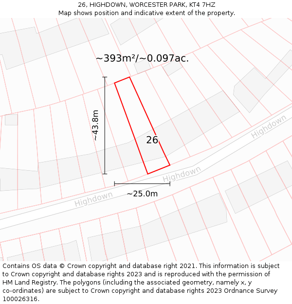 26, HIGHDOWN, WORCESTER PARK, KT4 7HZ: Plot and title map
