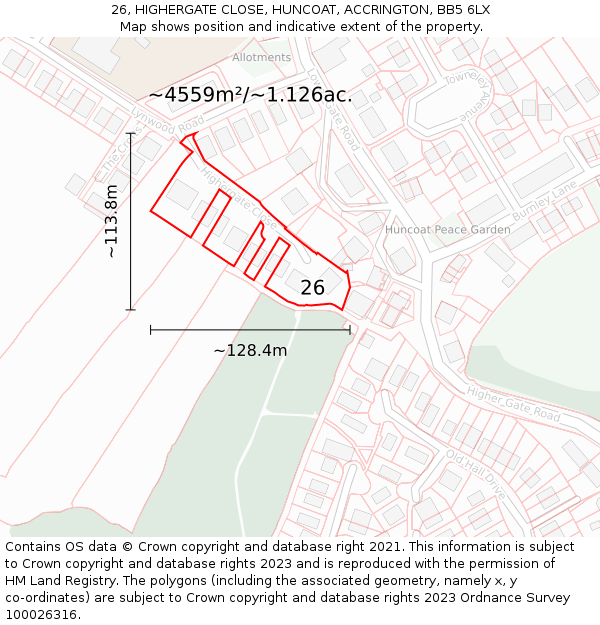 26, HIGHERGATE CLOSE, HUNCOAT, ACCRINGTON, BB5 6LX: Plot and title map