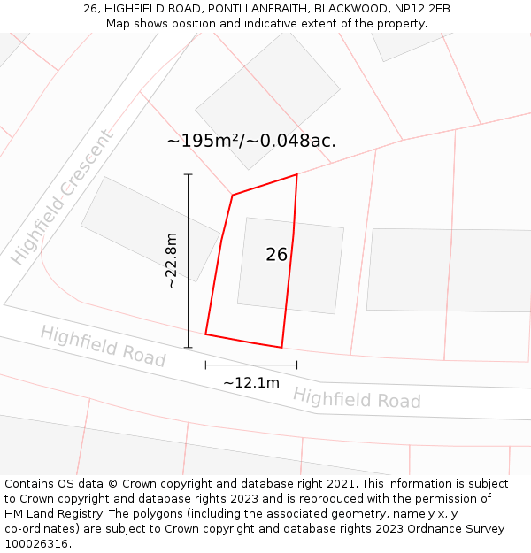 26, HIGHFIELD ROAD, PONTLLANFRAITH, BLACKWOOD, NP12 2EB: Plot and title map