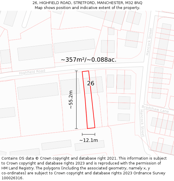 26, HIGHFIELD ROAD, STRETFORD, MANCHESTER, M32 8NQ: Plot and title map