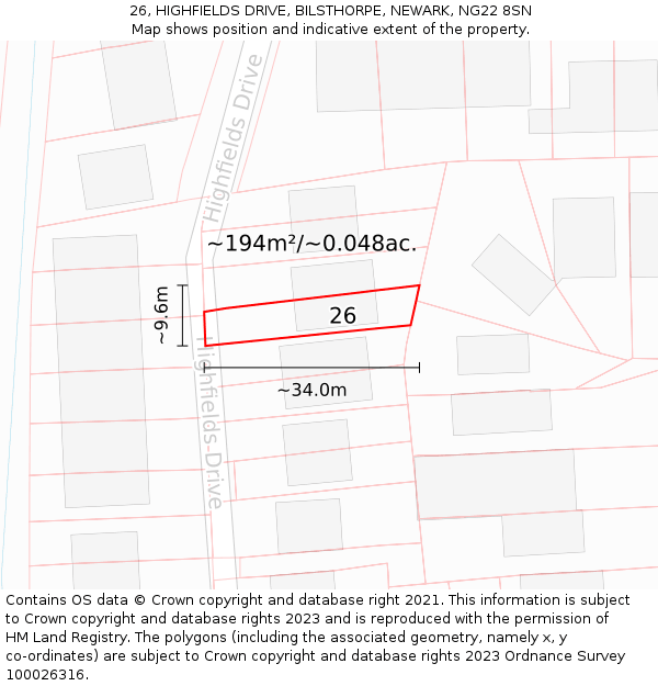 26, HIGHFIELDS DRIVE, BILSTHORPE, NEWARK, NG22 8SN: Plot and title map