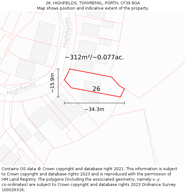 26, HIGHFIELDS, TONYREFAIL, PORTH, CF39 8GA: Plot and title map