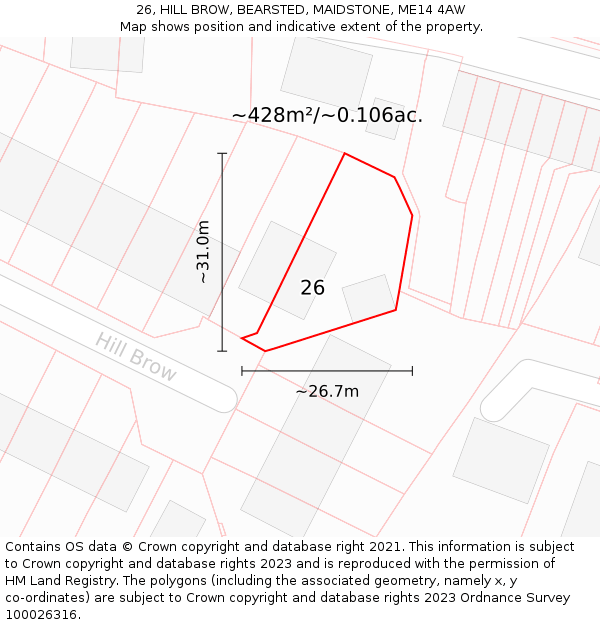 26, HILL BROW, BEARSTED, MAIDSTONE, ME14 4AW: Plot and title map