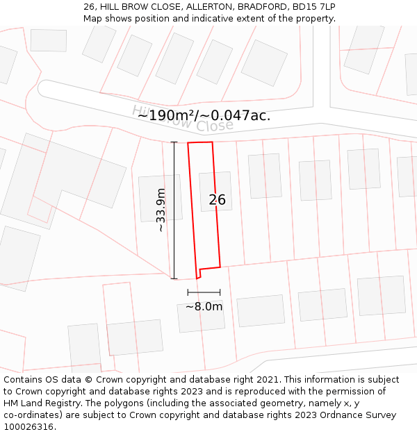 26, HILL BROW CLOSE, ALLERTON, BRADFORD, BD15 7LP: Plot and title map