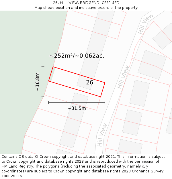 26, HILL VIEW, BRIDGEND, CF31 4ED: Plot and title map