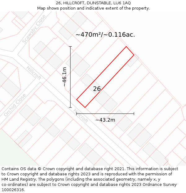 26, HILLCROFT, DUNSTABLE, LU6 1AQ: Plot and title map