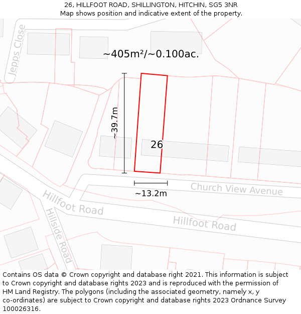 26, HILLFOOT ROAD, SHILLINGTON, HITCHIN, SG5 3NR: Plot and title map