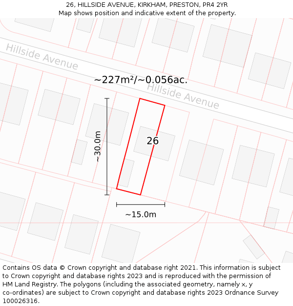 26, HILLSIDE AVENUE, KIRKHAM, PRESTON, PR4 2YR: Plot and title map