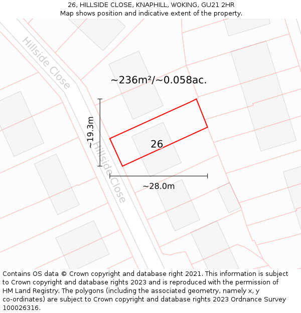 26, HILLSIDE CLOSE, KNAPHILL, WOKING, GU21 2HR: Plot and title map