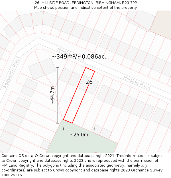 26, HILLSIDE ROAD, ERDINGTON, BIRMINGHAM, B23 7PP: Plot and title map