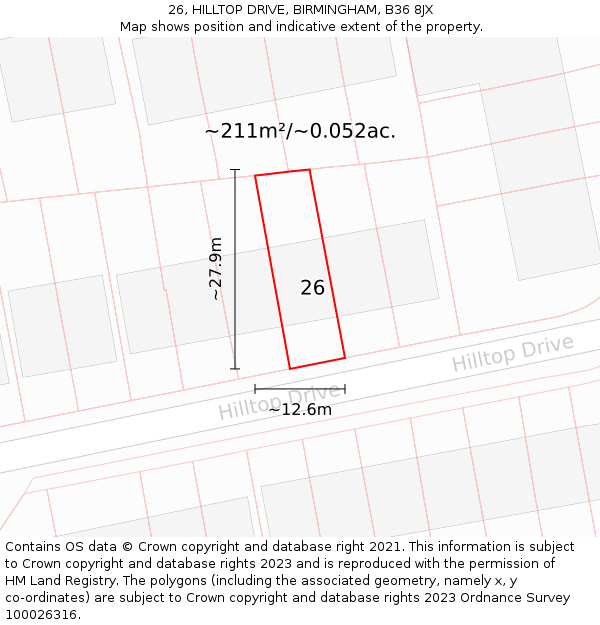 26, HILLTOP DRIVE, BIRMINGHAM, B36 8JX: Plot and title map