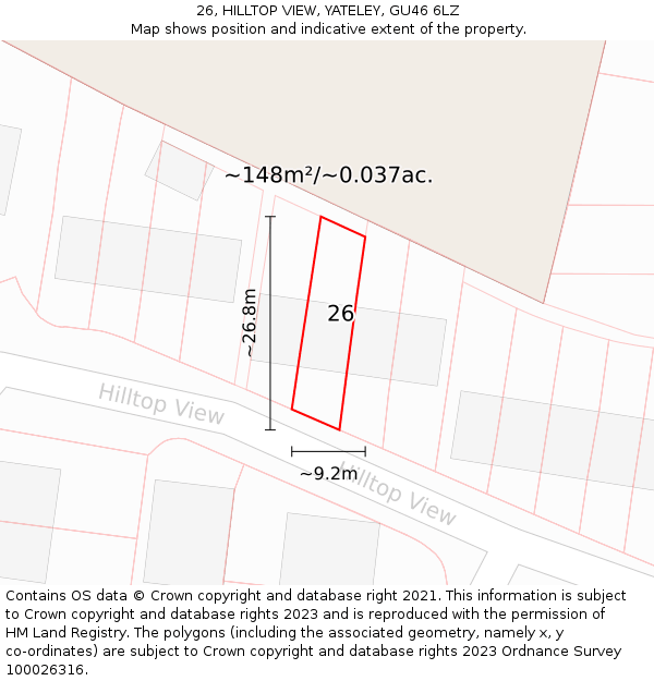 26, HILLTOP VIEW, YATELEY, GU46 6LZ: Plot and title map