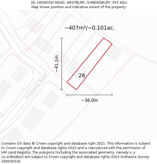 26, HINWOOD ROAD, WESTBURY, SHREWSBURY, SY5 9QU: Plot and title map
