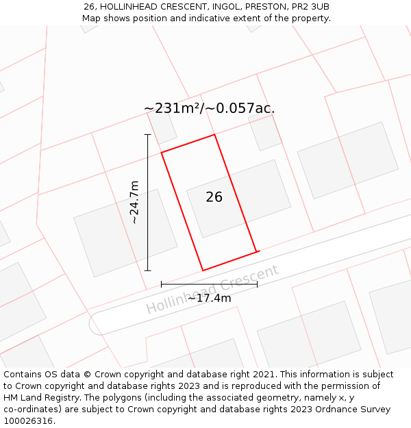 26, HOLLINHEAD CRESCENT, INGOL, PRESTON, PR2 3UB: Plot and title map