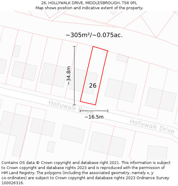 26, HOLLYWALK DRIVE, MIDDLESBROUGH, TS6 0PL: Plot and title map