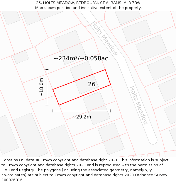 26, HOLTS MEADOW, REDBOURN, ST ALBANS, AL3 7BW: Plot and title map