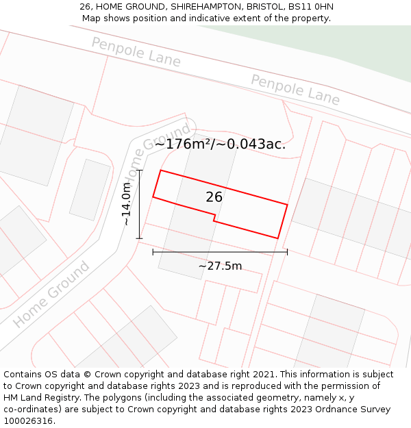 26, HOME GROUND, SHIREHAMPTON, BRISTOL, BS11 0HN: Plot and title map