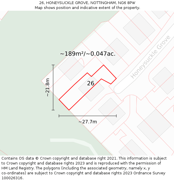 26, HONEYSUCKLE GROVE, NOTTINGHAM, NG6 8PW: Plot and title map