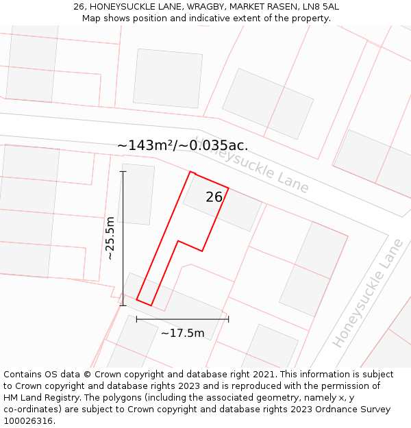 26, HONEYSUCKLE LANE, WRAGBY, MARKET RASEN, LN8 5AL: Plot and title map