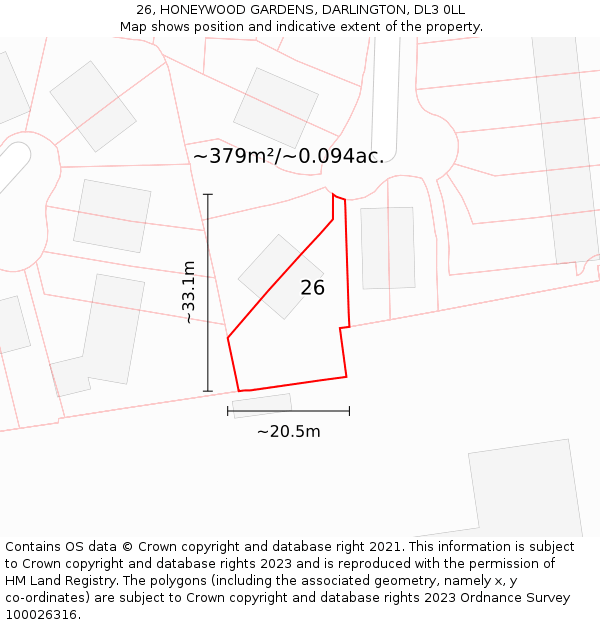 26, HONEYWOOD GARDENS, DARLINGTON, DL3 0LL: Plot and title map