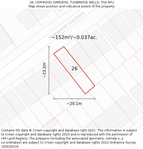 26, HOPWOOD GARDENS, TUNBRIDGE WELLS, TN4 9PU: Plot and title map