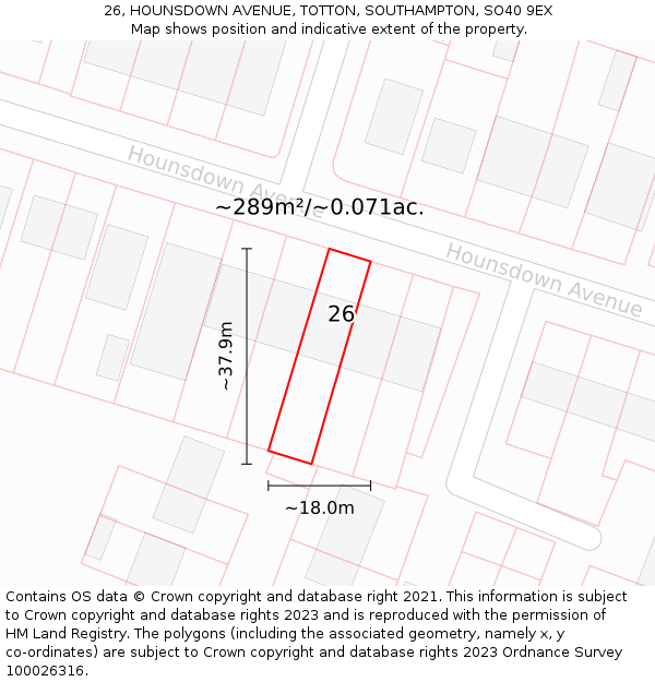 26, HOUNSDOWN AVENUE, TOTTON, SOUTHAMPTON, SO40 9EX: Plot and title map