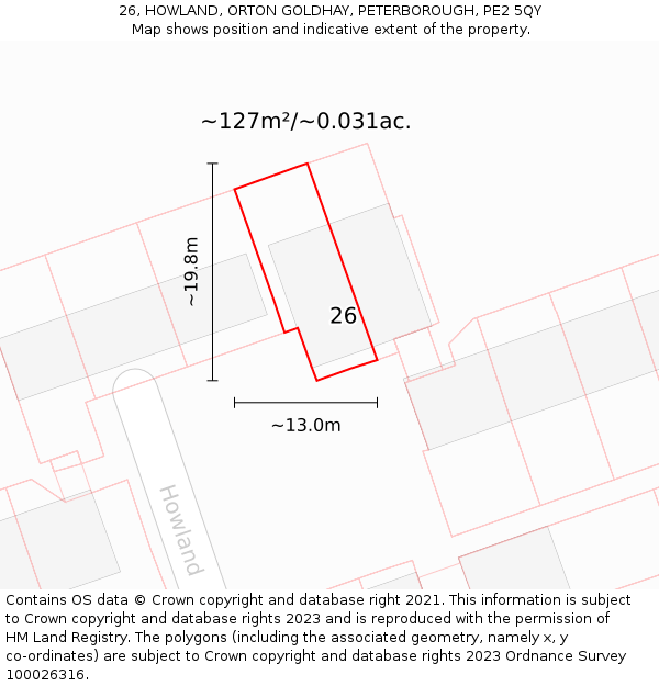 26, HOWLAND, ORTON GOLDHAY, PETERBOROUGH, PE2 5QY: Plot and title map