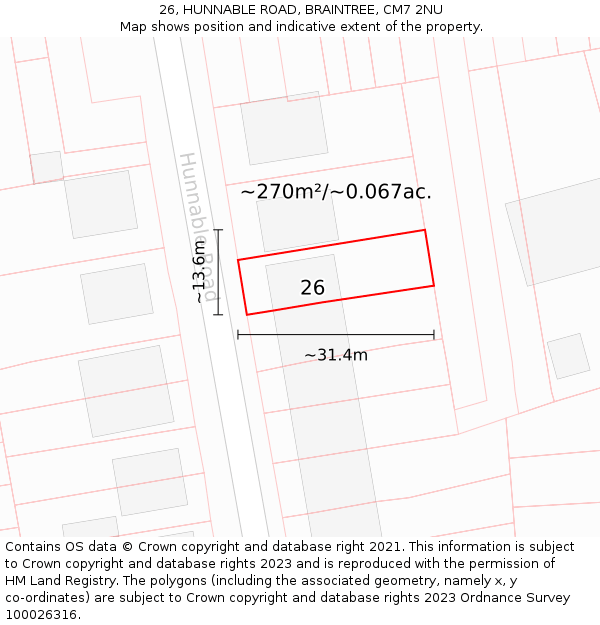 26, HUNNABLE ROAD, BRAINTREE, CM7 2NU: Plot and title map
