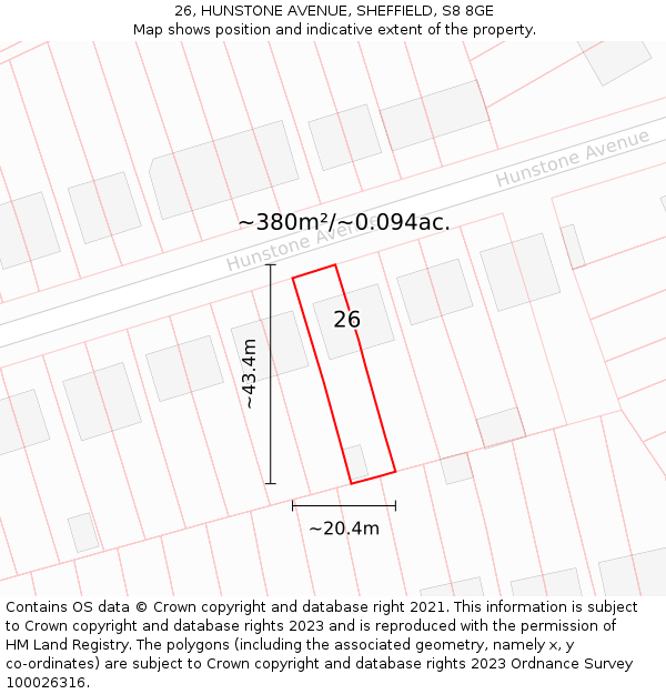 26, HUNSTONE AVENUE, SHEFFIELD, S8 8GE: Plot and title map