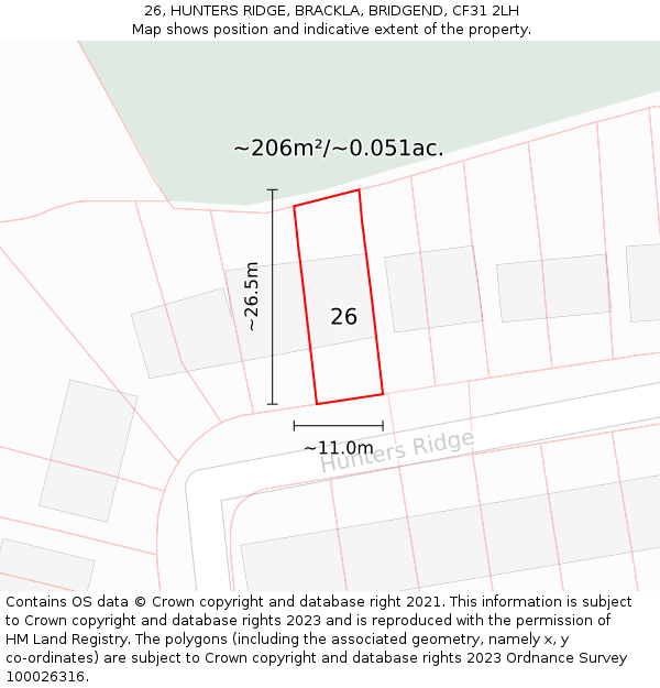 26, HUNTERS RIDGE, BRACKLA, BRIDGEND, CF31 2LH: Plot and title map