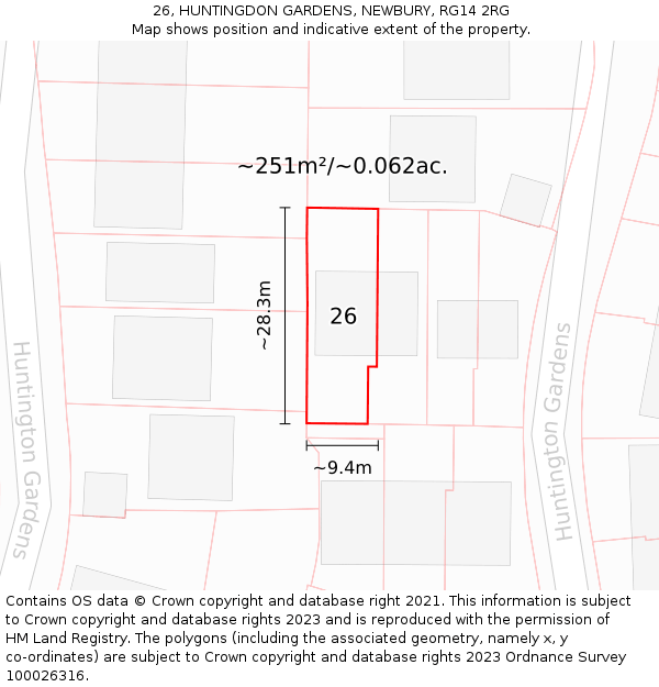 26, HUNTINGDON GARDENS, NEWBURY, RG14 2RG: Plot and title map