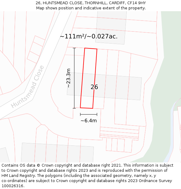 26, HUNTSMEAD CLOSE, THORNHILL, CARDIFF, CF14 9HY: Plot and title map