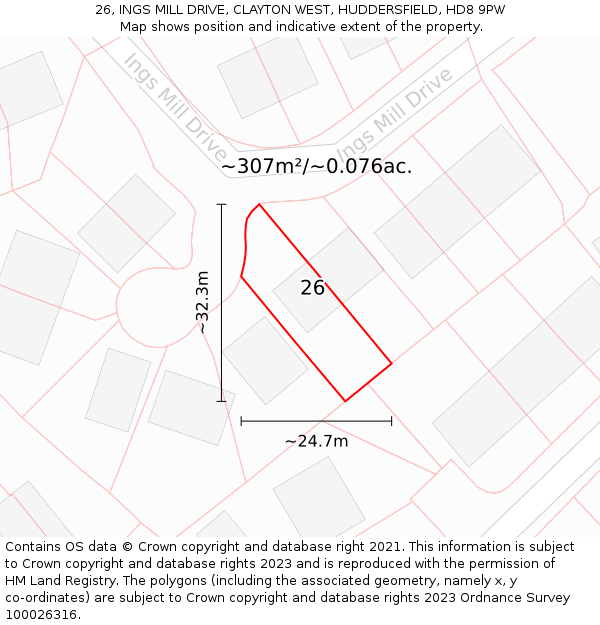 26, INGS MILL DRIVE, CLAYTON WEST, HUDDERSFIELD, HD8 9PW: Plot and title map