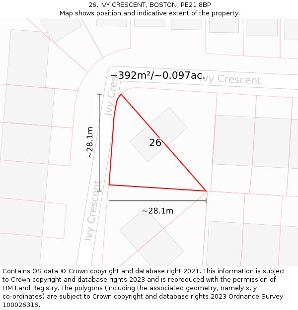 26, IVY CRESCENT, BOSTON, PE21 8BP: Plot and title map