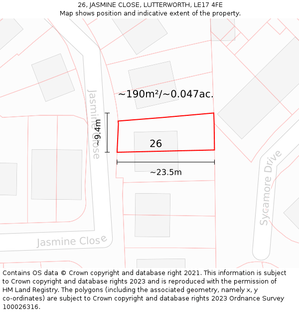 26, JASMINE CLOSE, LUTTERWORTH, LE17 4FE: Plot and title map